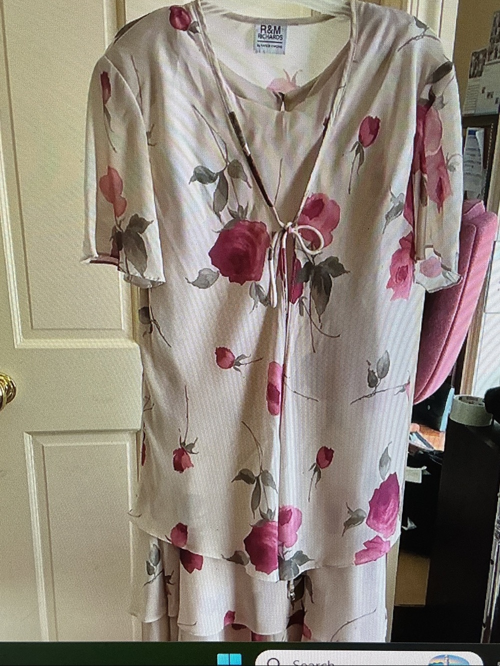 R&M Richards Cream Dress Set with Pink Rose Print